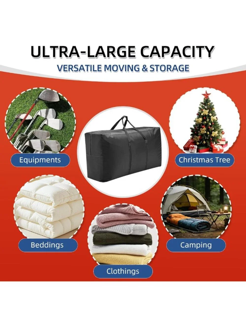 Extra Large Waterproof Travel Duffel Bag with Strong Handles & Durable Zippers